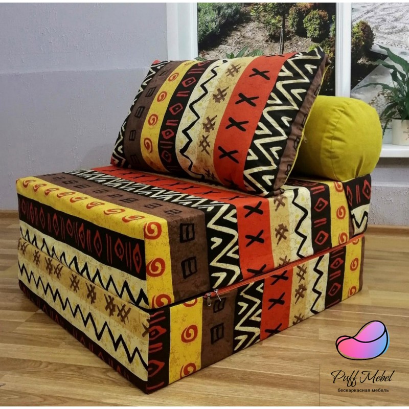 Бескаркасный диван 80х90х40см, цвет африкан+салатовый, материал Жаккард+Велюр, Sofa Roll , Puffmebel 