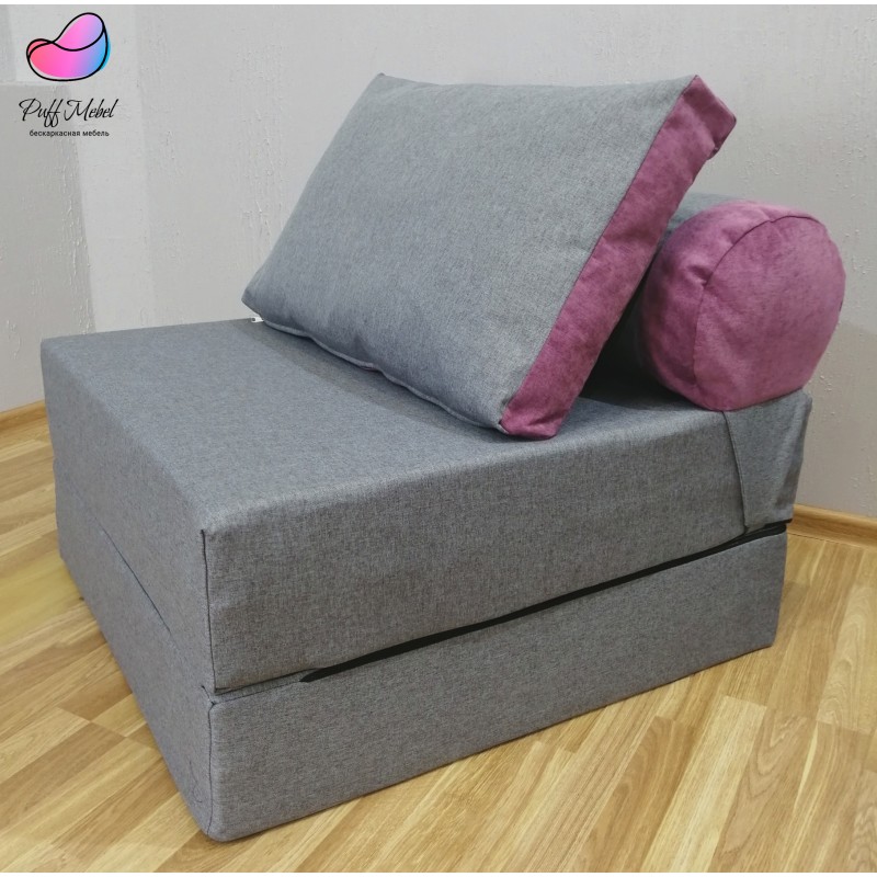 Бескаркасный диван 80х90х40см, цвет серый, материал Рогожка+Велюр, Sofa Roll , Puffmebel 